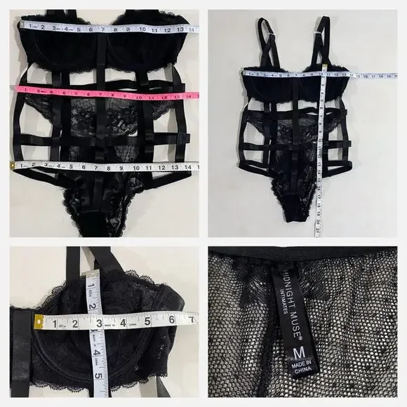 Midnight Muse Black Cutout Harness Lace Bodysuit Sz M - Picture 13 of 13
